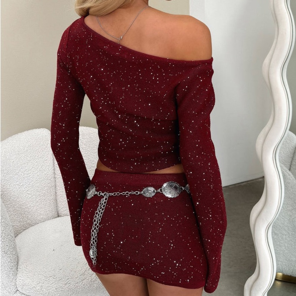 THAT’S SO FETCH Jarvis Long Sleeve Elegant Red Off-Shoulder Top+Skirt Set - Picture 4 of 5